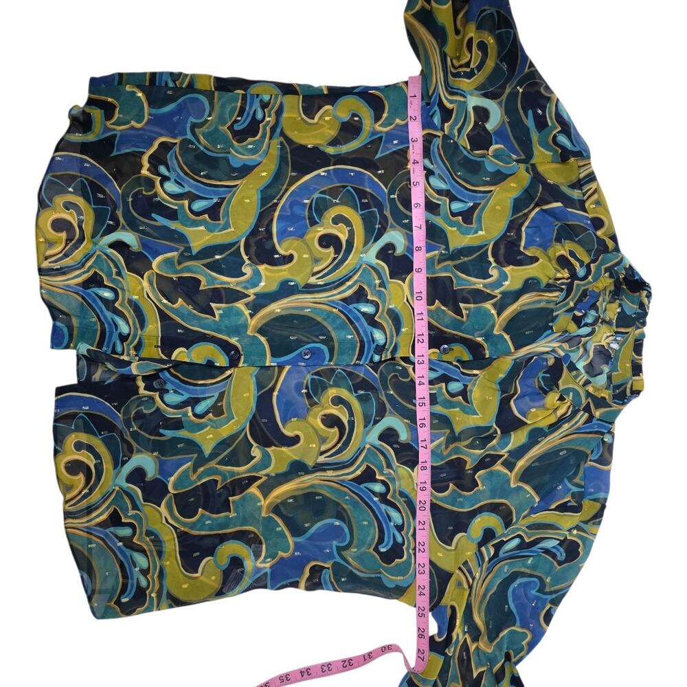 Chico’s Abstract Print Sheer Blouse Blue Green Yellow Ruffle Neck Metal Size L - Picture 5 of 8
